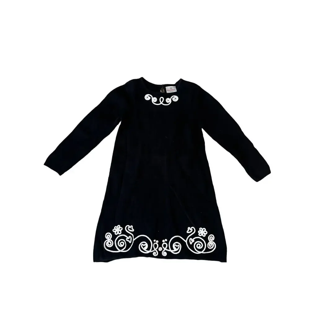 Hanna Andersson |  Black + White Embroidered 100% Cotton Knit Dress | Size 6-7